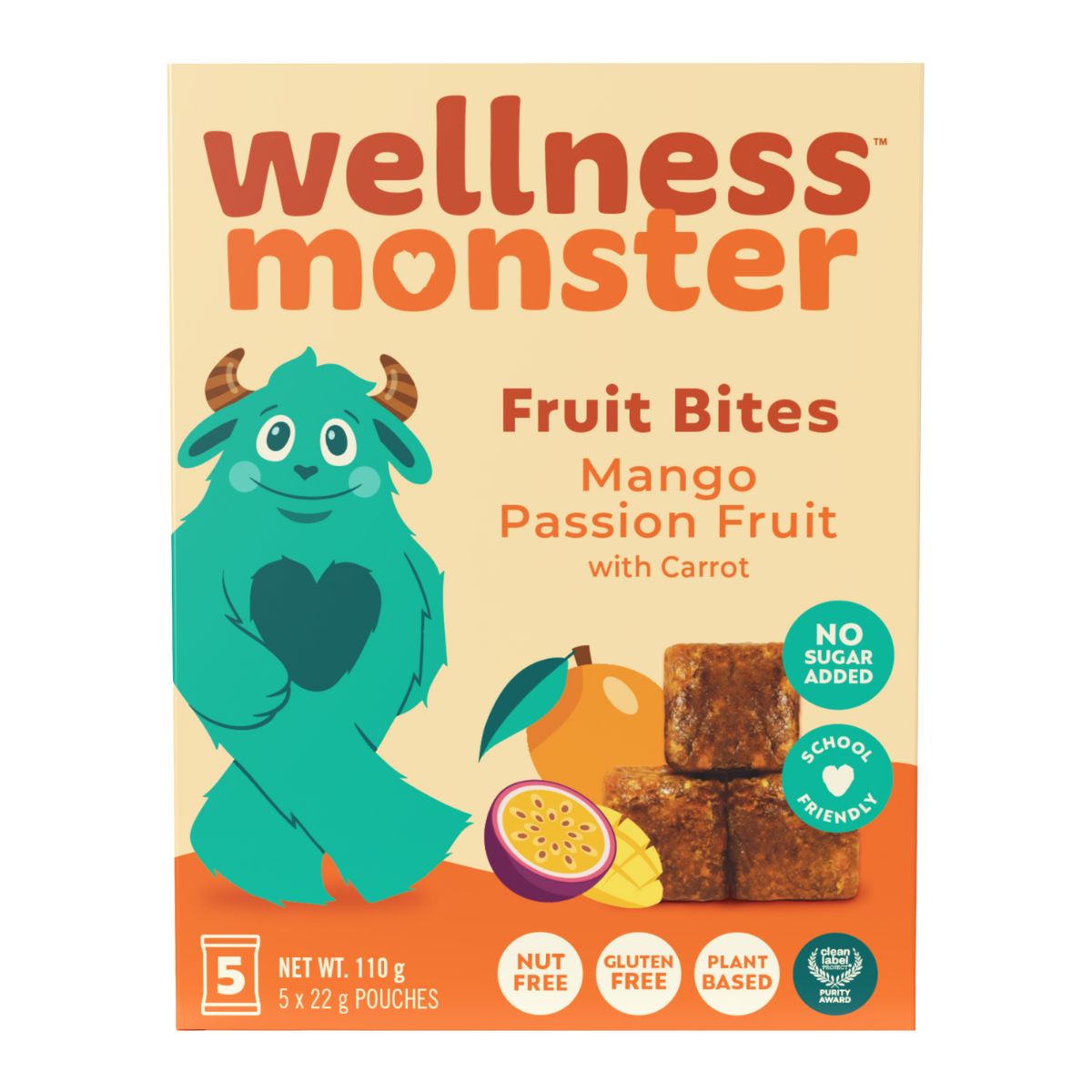 Wellness Monster Fruit Bites Mango Passion Fruit With Carrot, 5 Pouches