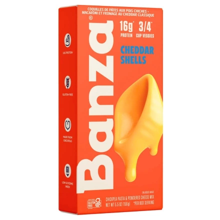 Front of Banza Chickpea Pasta Shells + Classic Cheddar Mac & Cheese - Chickpea Pasta Canada - High Protein Pasta - Gluten Free Pasta