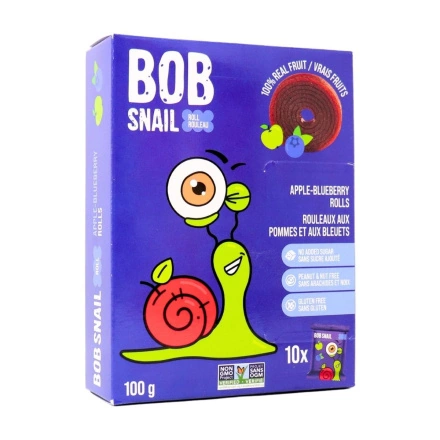 Front of Bob Snail Natural Dried Fruit Snack No Added Sugar Fruit Snack Fruit Leather Rolls Apple Blueberry