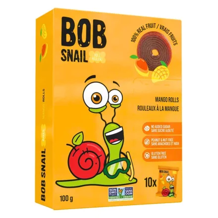 Front of Bob Snail Natural Dried Fruit Snack Healthy Fruit Roll Ups Mango Fruit Leather