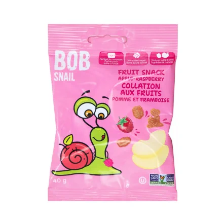 Front of Bob Snail Fruit Snack - No Added Sugar Fruit Snack - Healthy Dried Fruit Snack - Apple Raspberry