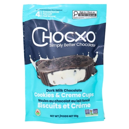 Front of ChocXO 69% Dark Milk Chocolate Cookies & Creme Cups - Low Sugar Chocolates - Chocxo Almond Butter Cups - Chocxo Coconut Cups