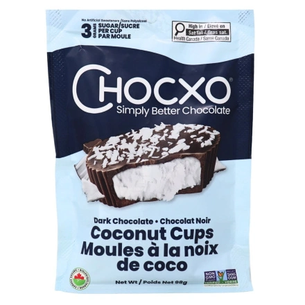 Front of ChocXO 85% Dark Chocolate Coconut Cups - Healthy Coconut Chocolate - Gluten Free Coconut Chocolate - Organic Chocolate Coconut