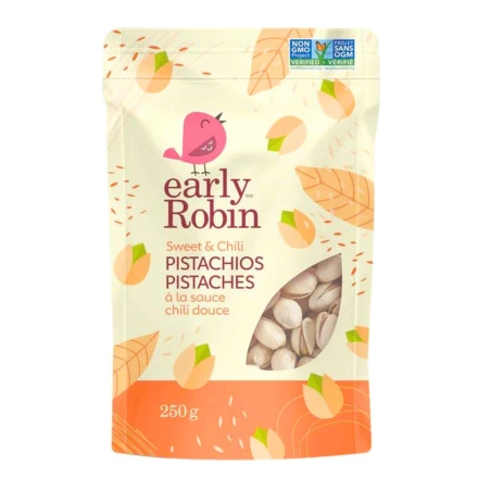 Front of Early Robin Unshelled Pistachios Roasted Pistachios Flavoured Sweet Chili