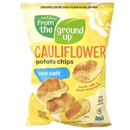 Front of From The Ground Up Cauliflower Potato Chip Sea Salt - Cauliflower Chips - Vegan Potato Chips - Gluten Free Vegan Chips