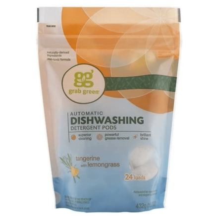 Front of grab green Automatic Dishwashing Detergent Pods Tangerine, 24 Loads