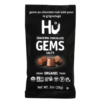 Front of Hu Kitchen Dark Chocolate Sea Salt Snacking Gems