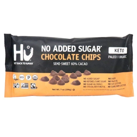Front of Hu Kitchen No Added Sugar Semi-Sweet Chocolate Chips