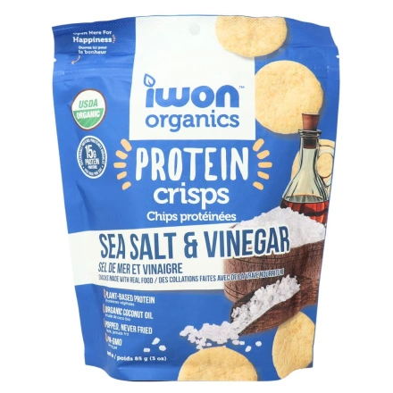 Front of IWON Organic Protein Crisps Protein Chips Sea Salt And Vinegar