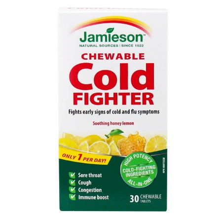 Front of Jamieson Vitamins Chewable Cold Fighter Honey Lemon, 30 Tablets