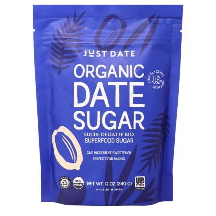 Front of Just Date Organic Date Sugar - Low Glycemic Sugar Alternative - Date Fruit Sugar - Low Glycemic Sweetener