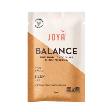 Front of JOYA Functional Chocolate Healthy Dark Chocolate Bar Mushroom Chocolate BALANCE Reishi and Ashwagandha