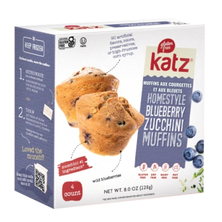 Front of Katz Gluten Free Blueberry Muffins Gluten Free Zucchini Muffins Gluten Free Blueberry Zucchini Muffins