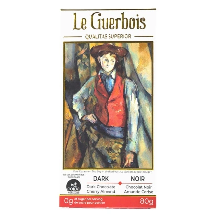 Front of Le Guerbois Gourmet Keto Dark Chocolate Bar No Sugar Dark Chocolate Cherry Almond