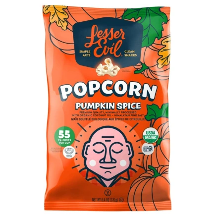Front of Lesser Evil Organic Popcorn Pumpkin Spice - Organic Popcorn -Vegan Popcorn - Gluten Free Popcorn
