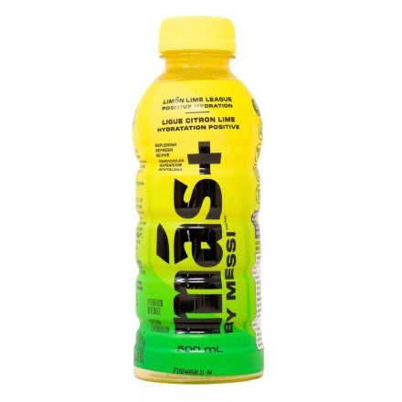 Front of Mas+ By Messi Drink Positive Hydration Drink Electrolytes Vitamin Water Limon Lime League