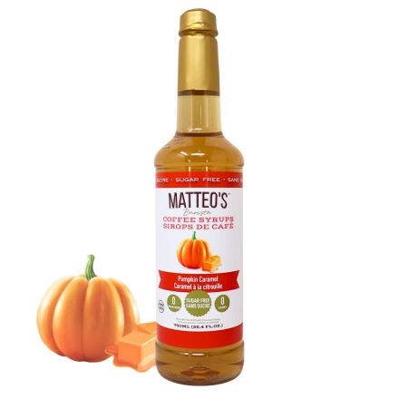 Front of Matteo’s Sugar-Free Barista Coffee Syrup Pumpkin Caramel - Sugar Free Pumpkin Syrup - Pumpkin Spice Coffee Syrup - Keto Pumpkin Spice Syrup