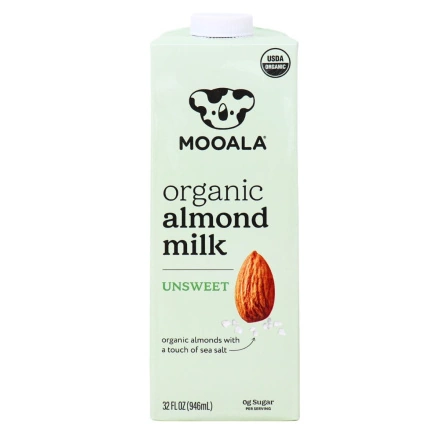 Front of Mooala Organic Plant-Based Almond Milk Unsweetened Original -  best vegan milk - keto milk - unsweetened almond milk