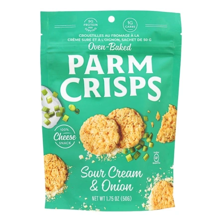 Front of ParmCrisps Sour Cream & Onion Cheese Crisps, 50g pouch