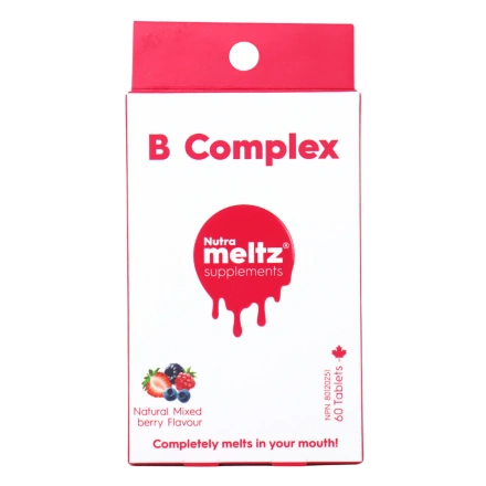 Nutrameltz Meltaway Supplement Tablets Vitamin B Complex Natural Mixed Berry Flavour Canada Front
