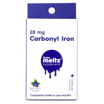 Nutrameltz Meltaway Supplement Tablets 28mg Carbonyl Iron Blueberry Canada Front
