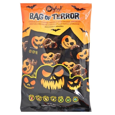 Front of No Whey Foods Allergen-Free Chocolate Covered Pretzels Bag Of Terror - Dairy Free Chocolate - Nut Free Chocolate - Peanut Free Chocolate