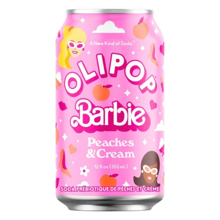 Front OLIPOP Barbie Prebiotic Soda Peaches And Cream 