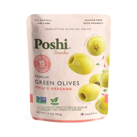 Front of Poshi Premium Green Pitted Olives with Chili & Oregano, 30g