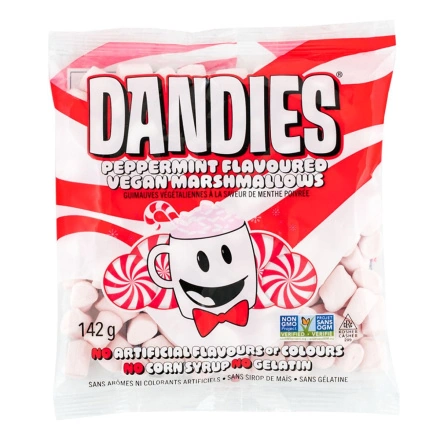 Front of Dandies Vegan Marshmallows Peppermint Flavoured - Vegan Marshmallows - Holiday Marshmallows - Peppermint Marshmallows