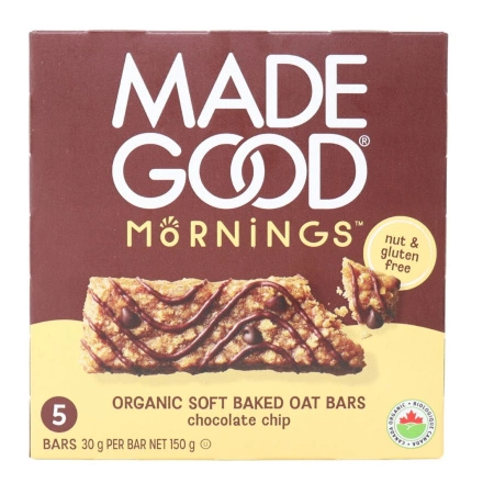 Front of MadeGood Mornings Gluten-Free Soft-Baked Oat Bars Chocolate Chip, 5 Bars