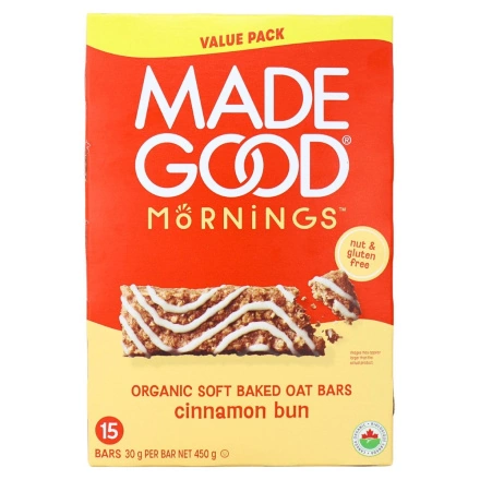 Front of MadeGood Mornings Gluten-Free Soft-Baked Oat Bars Cinnamon Bun - Best Made Good Bars - Healthy Cinnamon Rolls No Sugar - Best Vegan Breakfast Bar