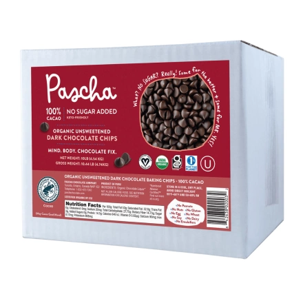 Front of Pascha Bulk 100% Cacao No Sugar Added Organic Dark Chocolate Chips, 10 LBS