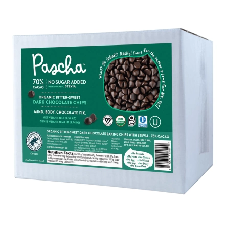 Front of Pascha Bulk 70% Organic No Sugar Added Dark Chocolate Mini Chips With Organic Stevia, 10 LBS