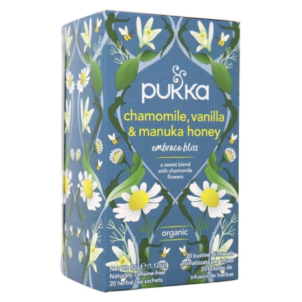 Front of Pukka Organic Herbal Tea Chamomile, Vanilla & Manuka Honey, 20 Sachets