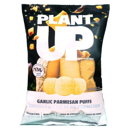 Front of Plant Up High Protein Puffs Garlic Parmesan - Protein Cheese Puffs - Protein Cheese Balls - High Protein Cheese Balls