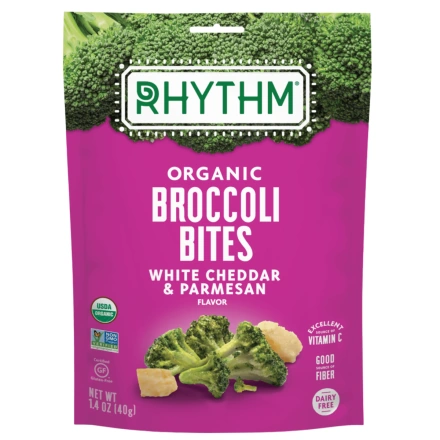 Front of Rhythm Superfoods Organic Broccoli Bites White Cheddar & Parmesan, 40g