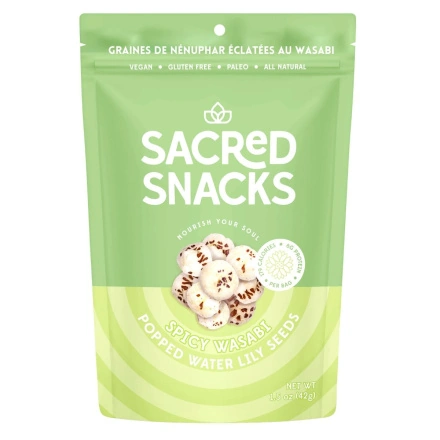 Front of Sacred Snacks Popped Lotus Seeds Wasabi - Lotus Seed Snacks -  Popped Seeds - Popped Water Lily Seeds