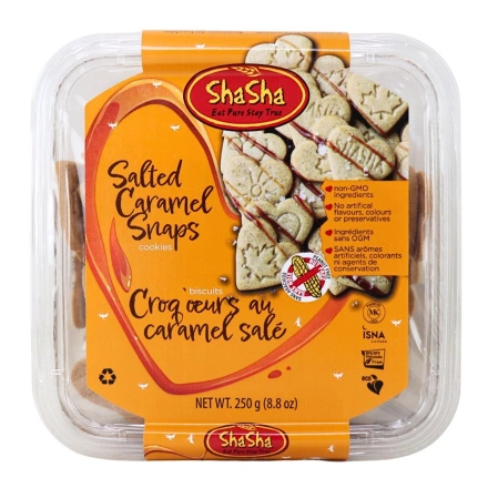 Front of ShaSha Co. Snap Cookies Salted Caramel -  Shasha Snap Cookies - Salted Caramel Cookies - Caramel Cookies