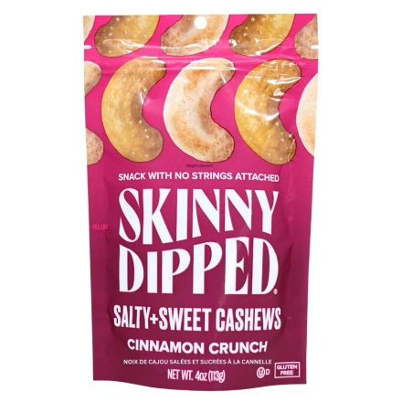 Front of Skinny Dipped Salty + Sweet Cashews Cinnamon Crunch - Skinny Dipped Cashews - Sweet Nuts - Spiced Nuts
