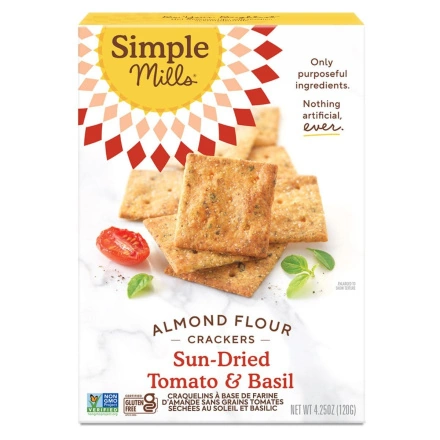 Front of Simple Mills Grain-Free Almond Flour Crackers Sun-Dried Tomato & Basil, 120g