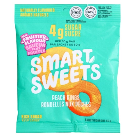Front of SmartSweets Low-Sugar Peach Rings - Low Sugar Gummy - Gummy Peach Rings - Less Sugar Candy