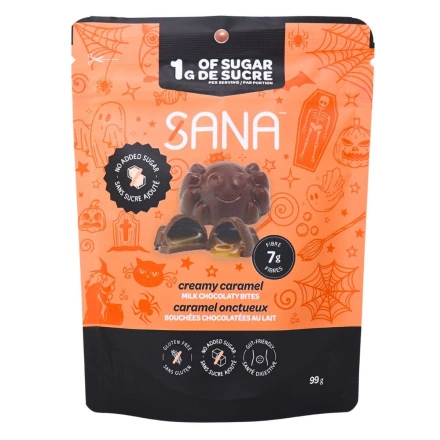 Front of Sana Sweet Life No Added Sugar Spider Bites Milk Chocolaty Creamy Caramel - No Added Sugar Chocolate - Sugar Free Chocolate - Healthy Caramel Chocolate
