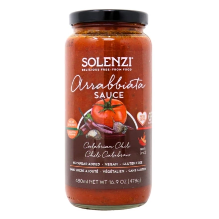 Front of SOLENZI Arrabbiata Sauce - Calabrian Chili Sauce - Allergen Free Sauce - Keto Tomato Sauce - Gluten Free Tomato Sauce - No Added Sugar Pasta Sauce