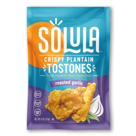 Front of Solula Kettle Cooked Crispy Plantain Tostones Roasted Garlic