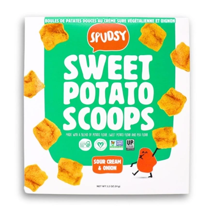 Front of Spudsy Sweet Potato Chips Sweet Potato Scoops Vegan Sour Cream And Onion - Healthy Sweet Potato Fries - Vegetable Chips - Sweet Potato Snacks