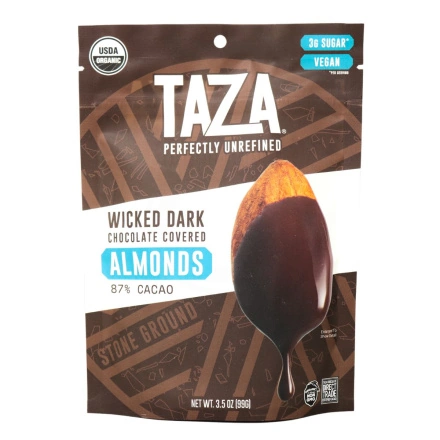 Front of Taza Wicked Dark Chocolate Covered Almonds