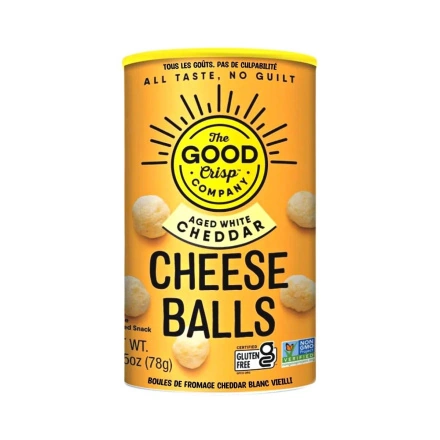 Front of The Good Crisp Company Gluten-Free Cheese Balls Aged White Cheddar