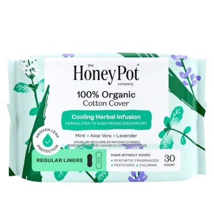 Front of The Honey Pot Organic Cotton Cover Cooling Herbal Infusion Regular Liners - Organic Pads - Natural Pads - Organic Panty Liners