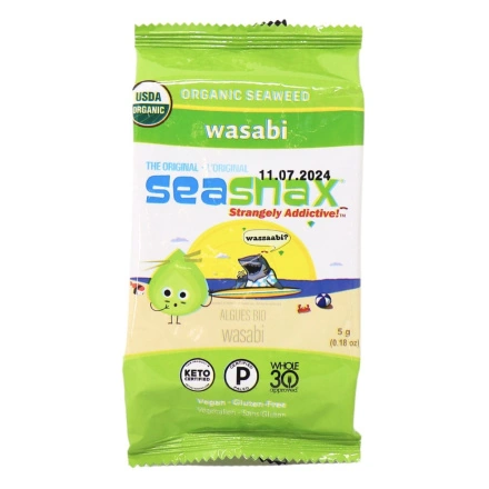 Front of SeaSnax Wasabi Organic Roasted Seaweed Snack, 5g