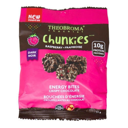 Front of Theobroma Chocolat Chunkies Cripsy Chocolate Energy Bites Dark Chocolate Raspberry